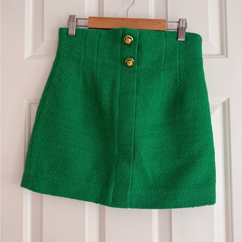 Zara Green Mini Skirt with Gold Buttons Tweed